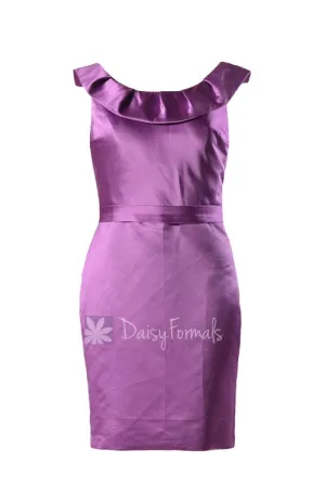 Short Scoop Neck Satin Bridesmaid Dress Vintage Purple Cocktail Party Dress(BM253)