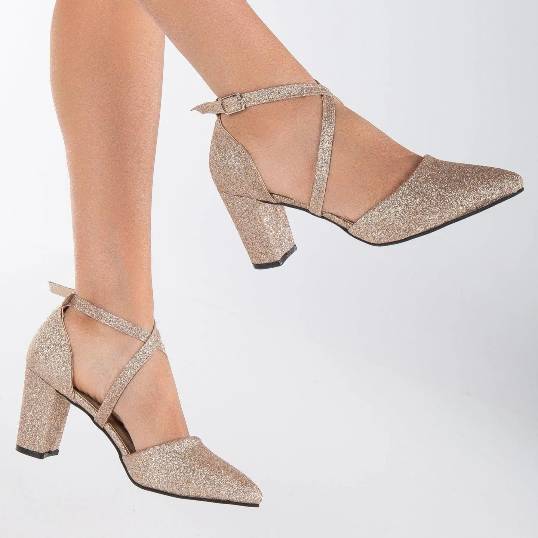 Sina Vegan Glitter Criss Cross Heels | Rose Gold