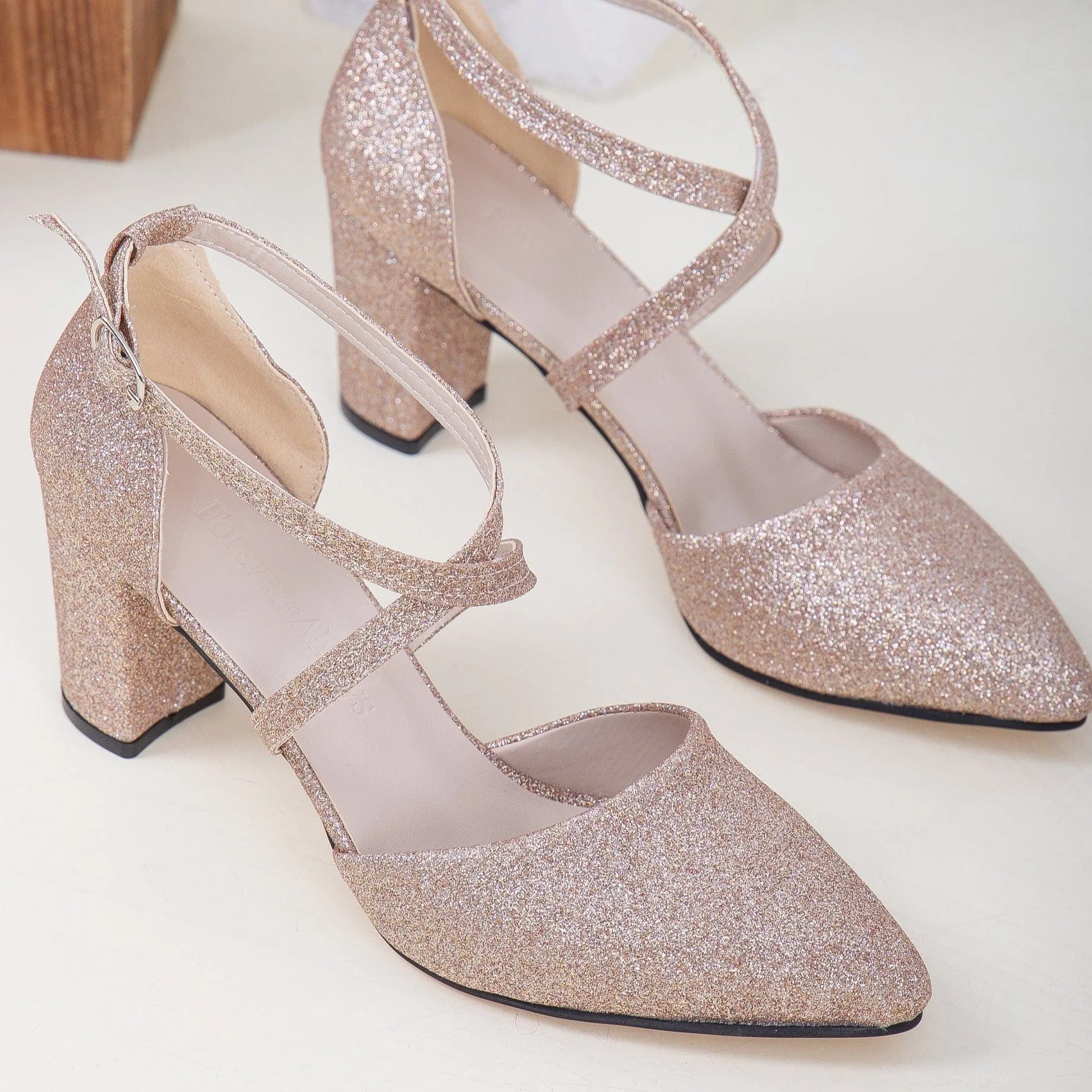 Sina Vegan Glitter Criss Cross Heels | Rose Gold