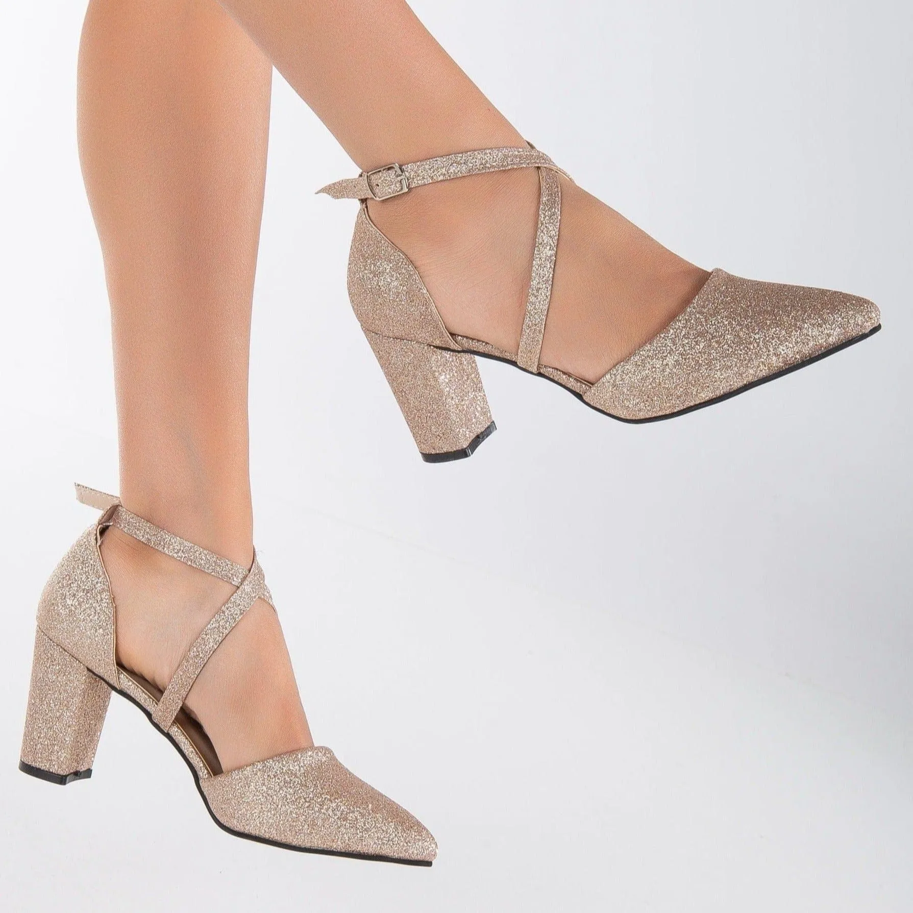 Sina Vegan Glitter Criss Cross Heels | Rose Gold