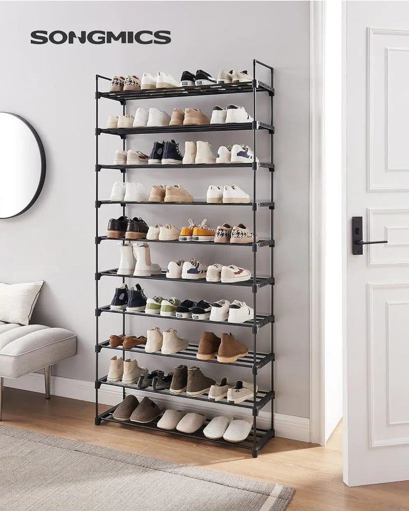 SONGMICS 10 Tier Metal Shoe Rack for 50 Pairs of Shoes Black