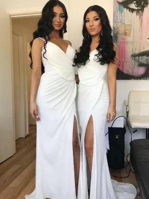 Spaghetti Straps Sweep Train White Chiffon Split Bridesmaid Dress(BMA2021)