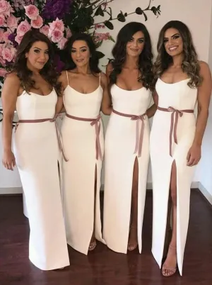 Spaghetti Straps white Floor-Length Split Bridesmaid Dress (BMA20128)