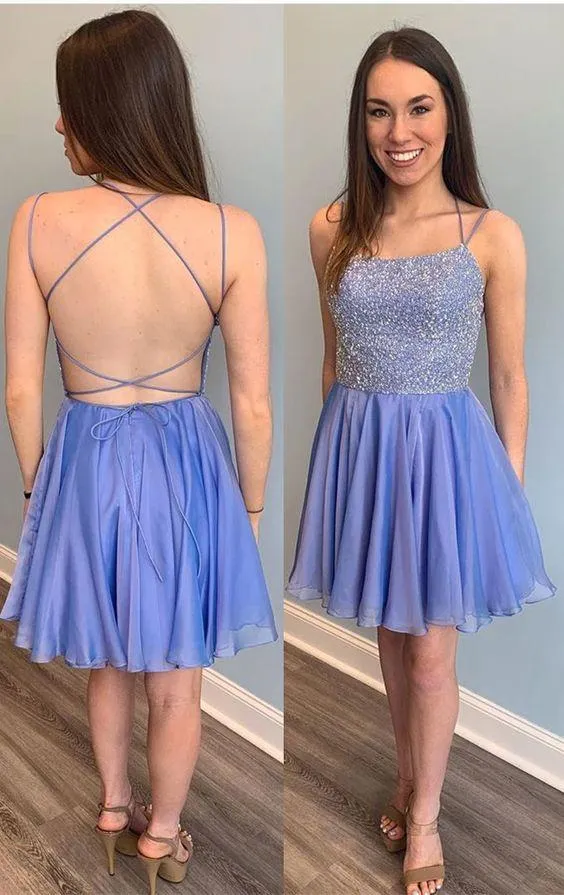 Sparkle Beading A Line Blue Short Homecoming Dress With Thin Straps OK1431