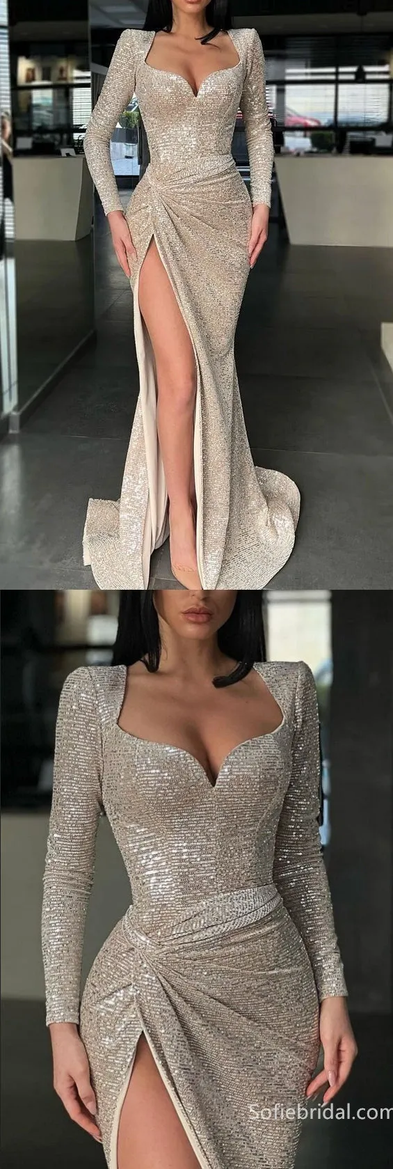 Sparkle Long sleeves Sweetheart Sequin Mermaid High split Prom Dresses,SFPD0200