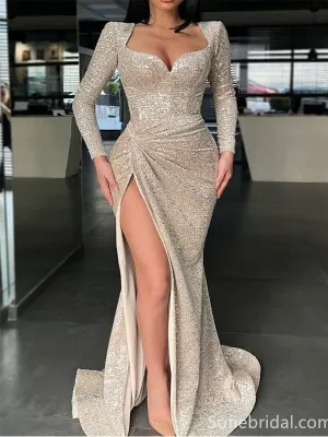 Sparkle Long sleeves Sweetheart Sequin Mermaid High split Prom Dresses,SFPD0200