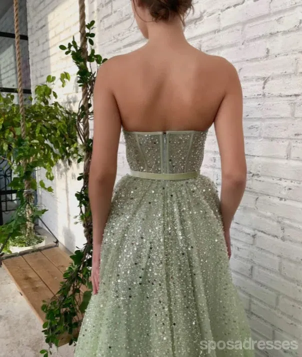 Sparkly Green A-line Sweetheart High Slit Maxi Long Prom Dresses,Evening Dresses,13155