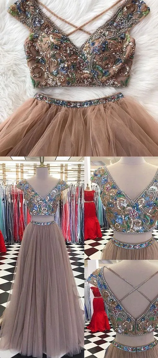 Sparkly Two Pieces Tulle V-neck Cap Sleeves Prom Dresses, Newest Fashion Dresses, PD0476