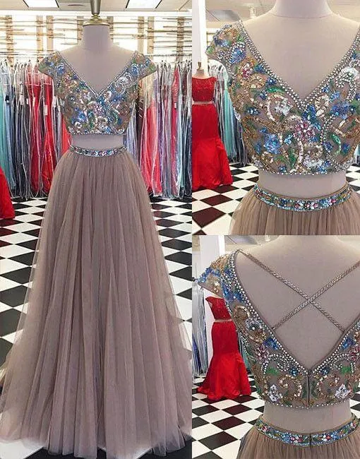 Sparkly Two Pieces Tulle V-neck Cap Sleeves Prom Dresses, Newest Fashion Dresses, PD0476