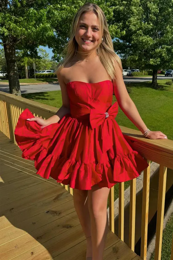 Strapless Pink A-line Short Homecoming Dress with Bow HD0209
