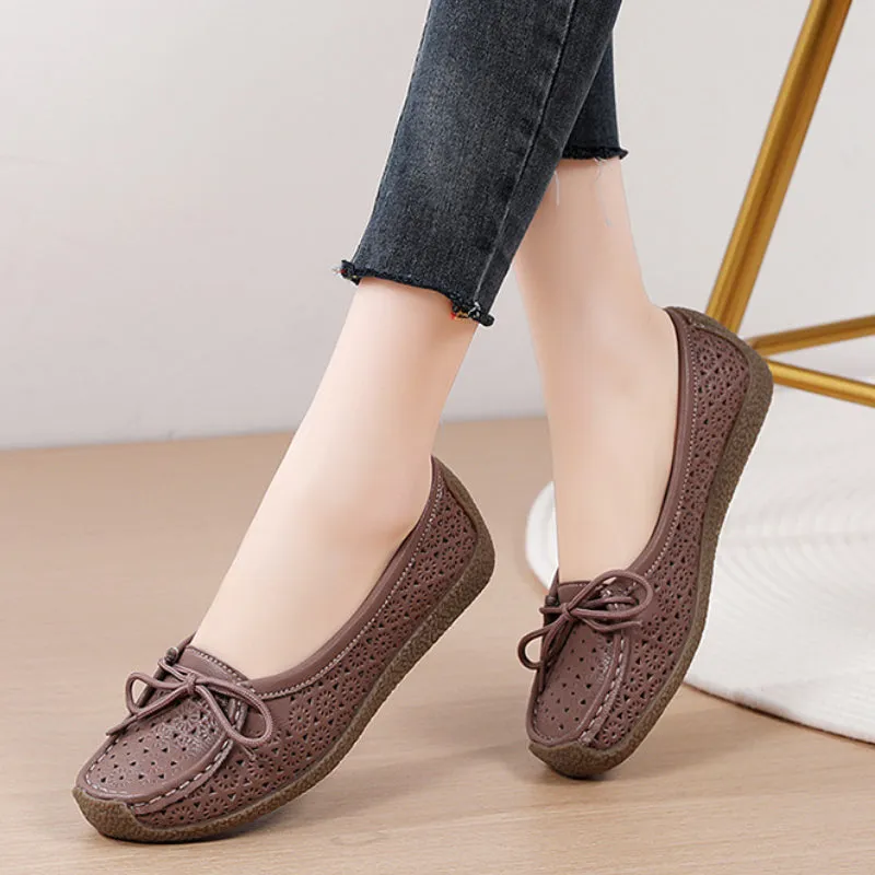 Summer Hollow Genuine Leather Women's Casual Flat Shoes