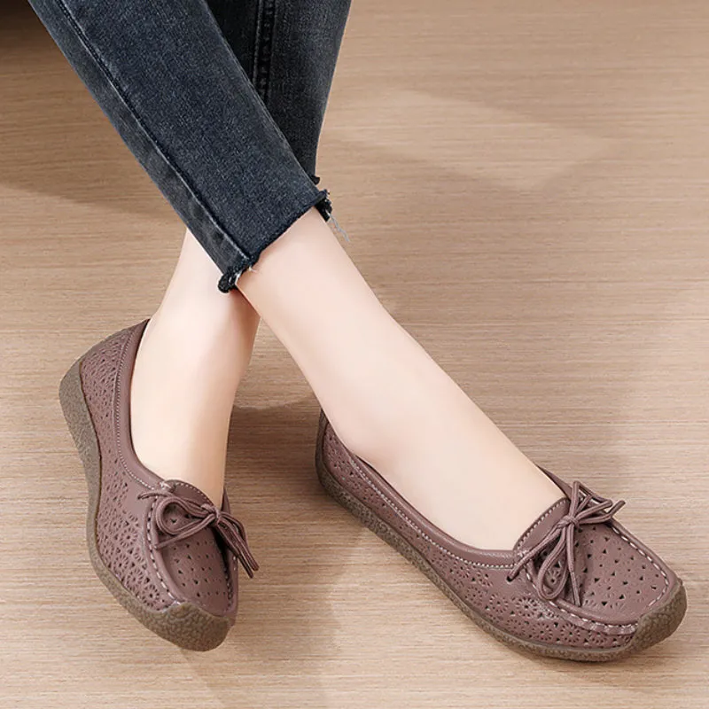 Summer Hollow Genuine Leather Women's Casual Flat Shoes