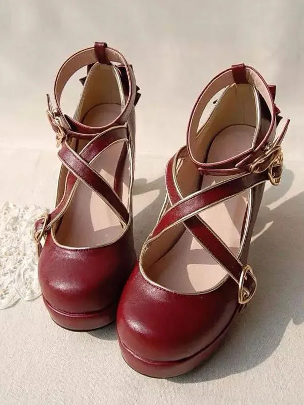 Sweet Lolita Pumps Strappy Criss Cross Buckle Bow High Heel Lolita Shoes