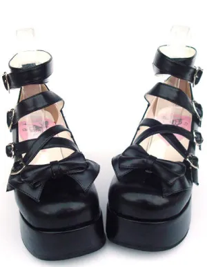 Sweet Matte Black Lolita High Platform Shoes Ankle Straps Heart Shape Buckles Bow