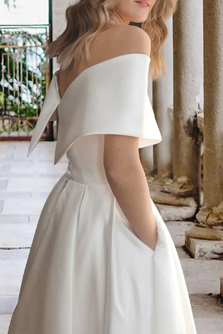 Tea Length Off The Shoulder A-Line Satin Wedding Dress with Pockets TN387
