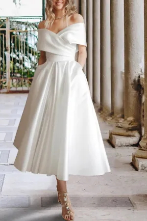 Tea Length Off The Shoulder A-Line Satin Wedding Dress with Pockets TN387