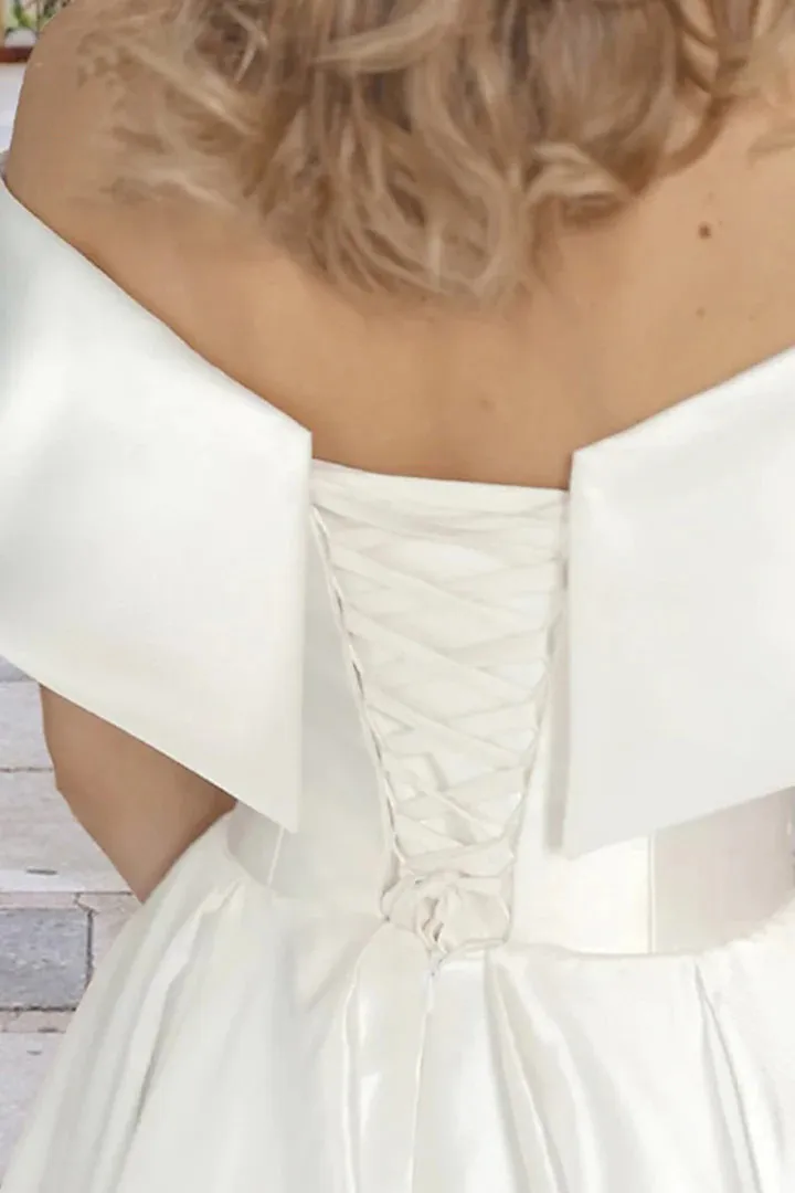 Tea Length Off The Shoulder A-Line Satin Wedding Dress with Pockets TN387