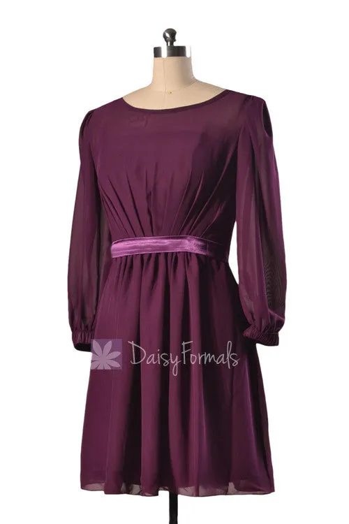 Turquoise Chiffon Bridesmaid Dress Round Neckline Cyan Formal Dress W/Long Sleeves(BM133)