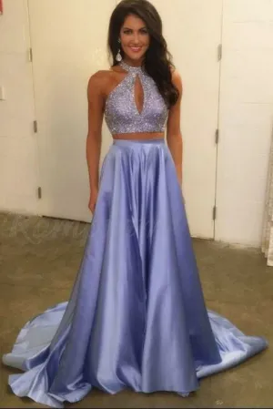 Two Piece Halter Keyhole Beaded Satin A Line Elegant Lavender Long Prom Dresses OK941