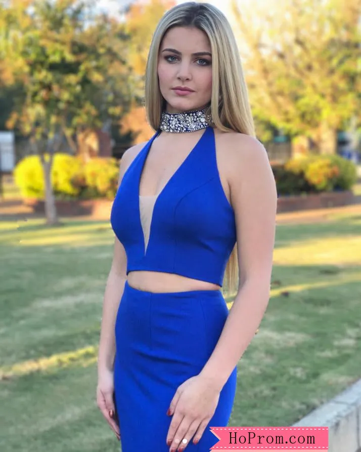 Two Piece High Halter Choker Neck Prom Dress Gown with V-neckline
