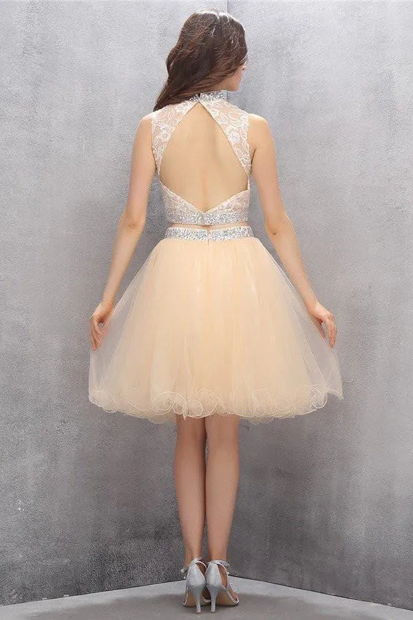 Two Piece High Neck Tulle Homecoming Dresses with Beading PG010