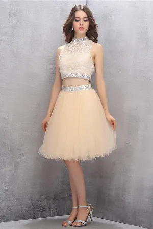 Two Piece High Neck Tulle Homecoming Dresses with Beading PG010