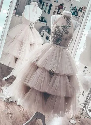 Unique Short Layered Tulle High Neck Short Prom Dress, Homecoming Dresses HD0094