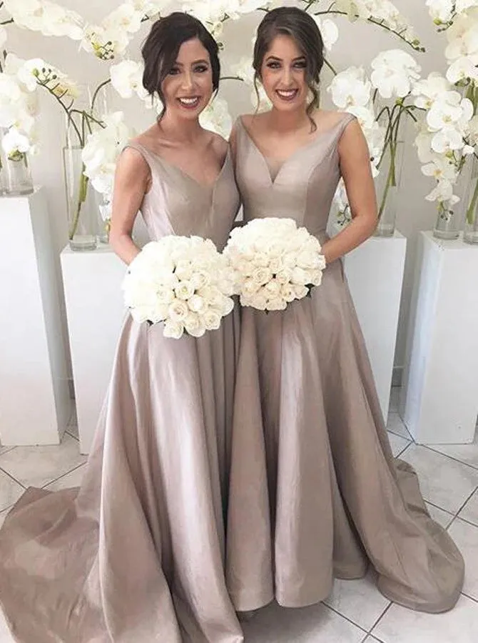 V-neck Sleeveless Taffeta Sweep Train Silver Bridesmaid Dress (BMA20124)