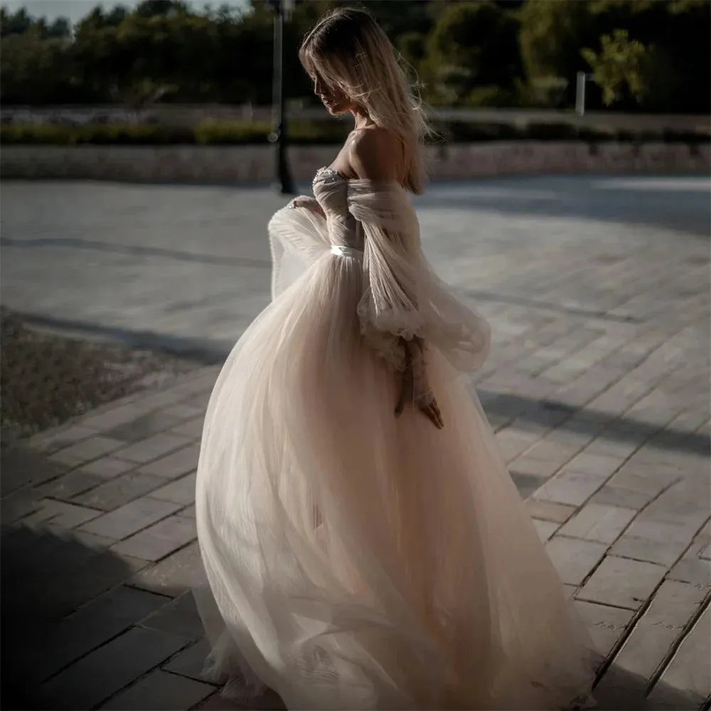 Wedding Dresses For Woman Long Puff Sleeves Tulle Beach Bridal Gowns