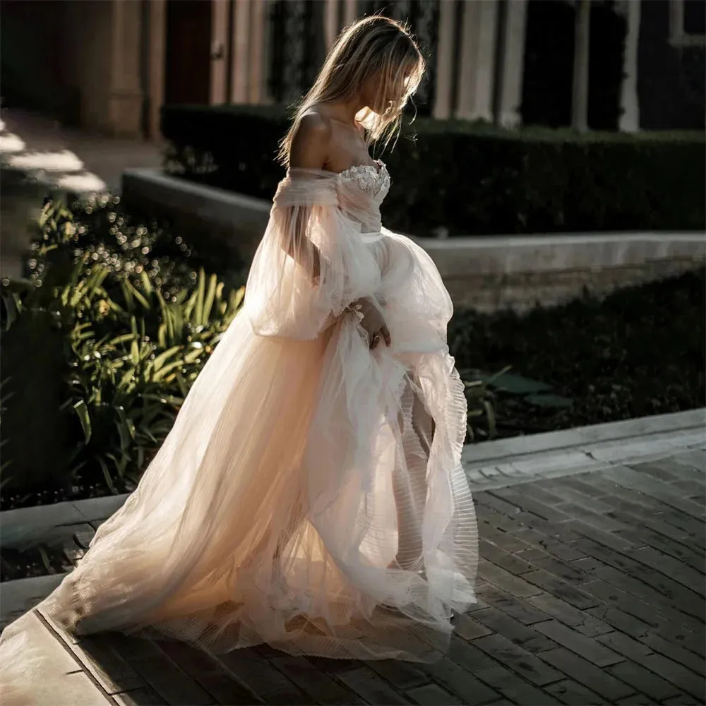 Wedding Dresses For Woman Long Puff Sleeves Tulle Beach Bridal Gowns