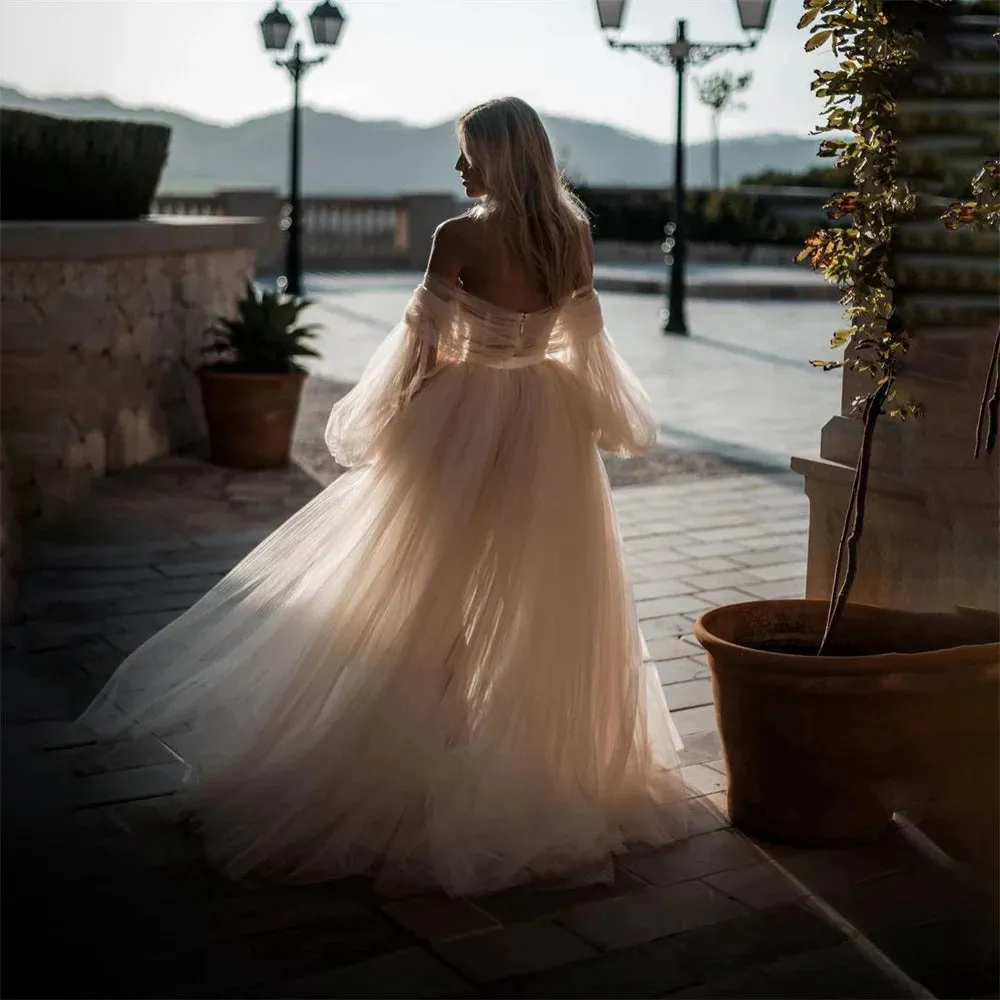 Wedding Dresses For Woman Long Puff Sleeves Tulle Beach Bridal Gowns