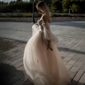 Wedding Dresses For Woman Long Puff Sleeves Tulle Beach Bridal Gowns