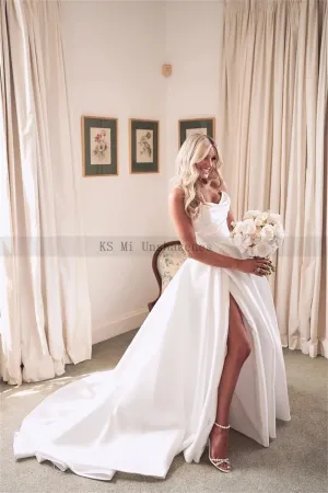 Wedding Dresses High Split Vestido De Noiva Pleats Women Bridal Dress