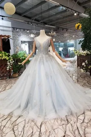 Wedding Dresses V Neck Lace Up Back Beads Prom Dress Tulle TP0873