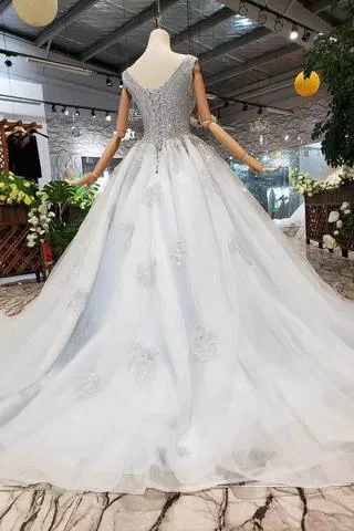 Wedding Dresses V Neck Lace Up Back Beads Prom Dress Tulle TP0873