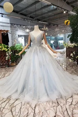 Wedding Dresses V Neck Lace Up Back Beads Prom Dress Tulle TP0873