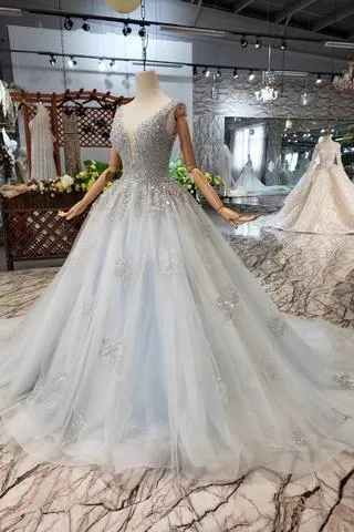 Wedding Dresses V Neck Lace Up Back Beads Prom Dress Tulle TP0873