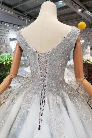 Wedding Dresses V Neck Lace Up Back Beads Prom Dress Tulle TP0873