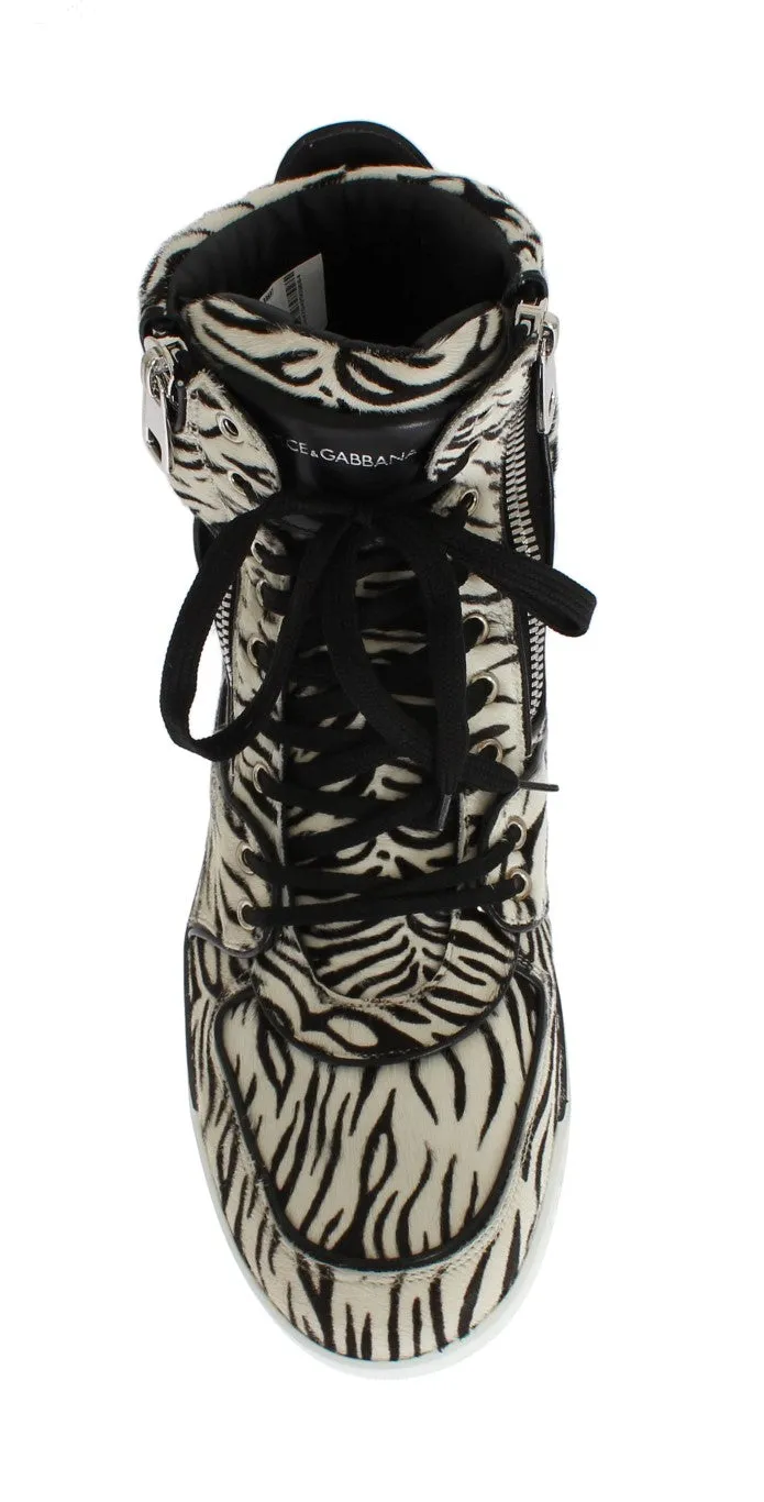 White Black Pony Hair High Sneakers
