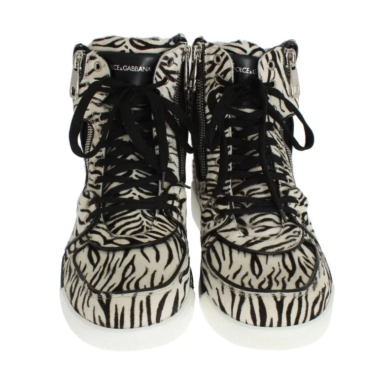 White Black Pony Hair High Sneakers