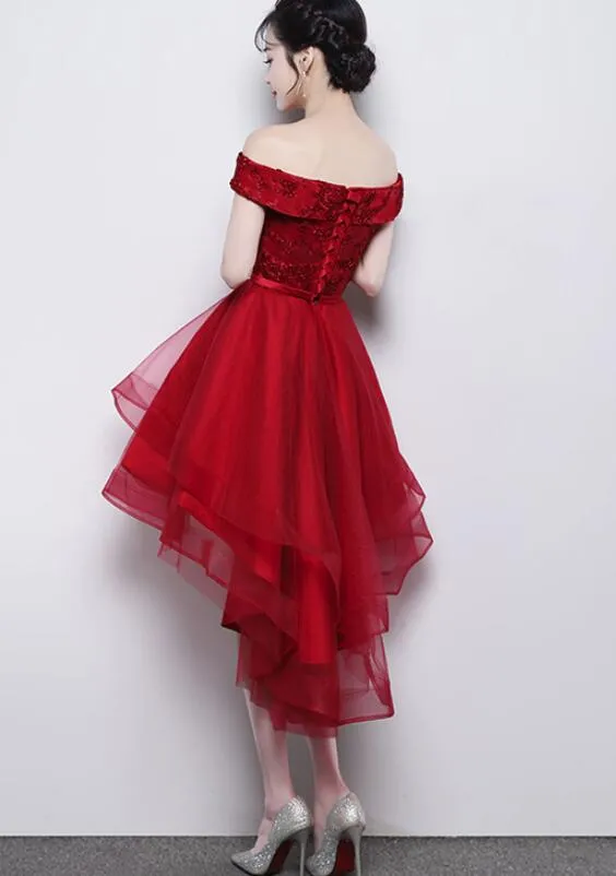 Wine Red Off Shoulder Lace High Low Lace-up Cute Formal Dress, Lovely Prom Dress