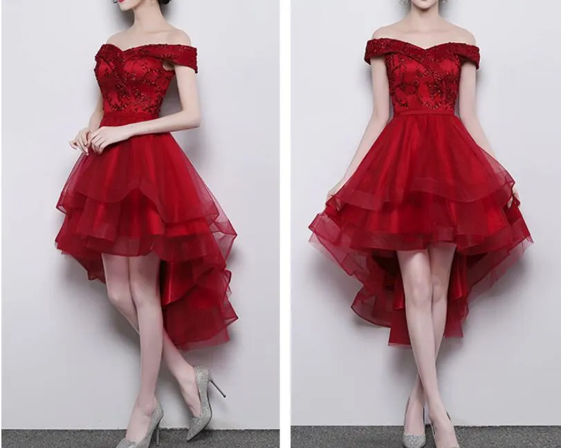 Wine Red Off Shoulder Lace High Low Lace-up Cute Formal Dress, Lovely Prom Dress